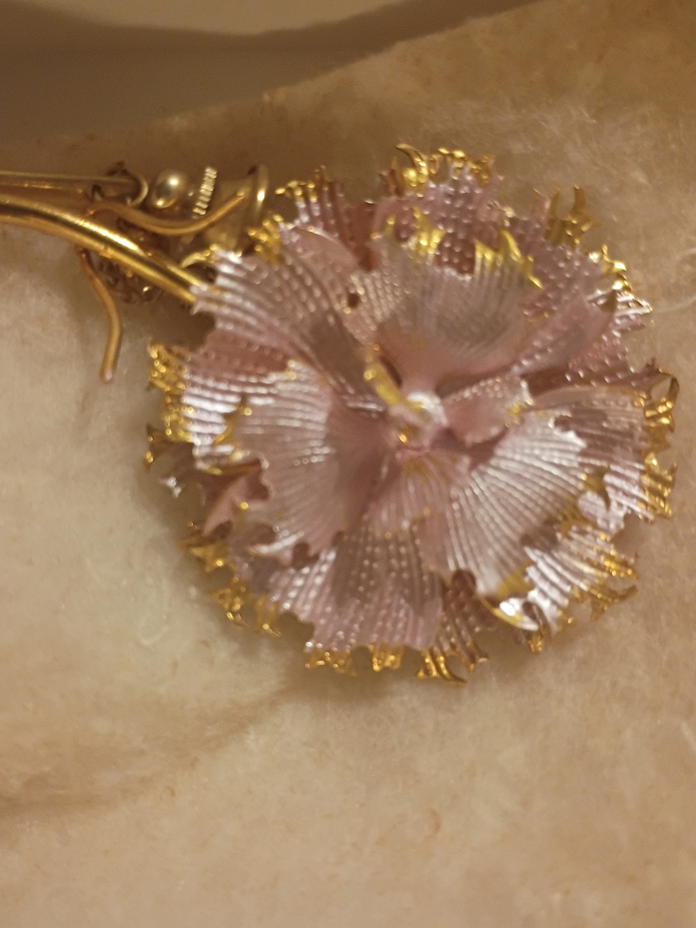 Delicate Pink Floral Drop Pin Gold Accents